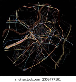 Map of Alessandria, Piedmont with all major and minor roads, railways and waterways. Colorful line art on black background.