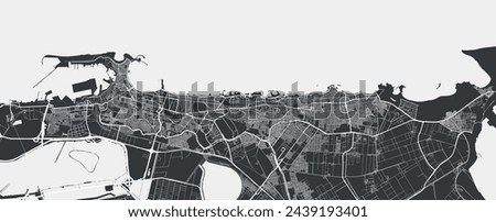 Map of Alexandria, Egypt. Detailed city vector map, metropolitan area. Black and white streetmap with roads and water.