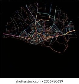 Map of Alexandroupoli, Eastern Macedonia and Thrace with all major and minor roads, railways and waterways. Colorful line art on black background.
