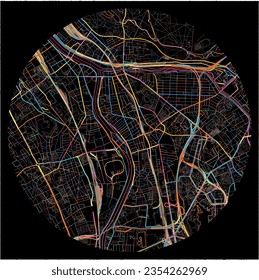 Map of Alfortville, Val-de-Marne with all major and minor roads, railways and waterways. Colorful line art on black background.