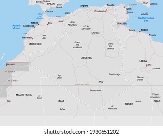Map of Algeria. Map is drawn in high detail and for clarity shows only major cities. Country is drawn with neighboring countries.