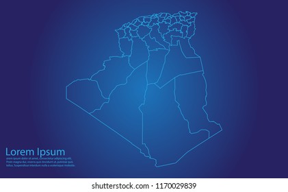 Map of algeria - With glowing point and lines scales on the dark gradient background. algeria map with country borders, thin Blue outline on Dark background.