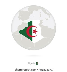 Map of Algeria and national flag in a circle. Algeria map contour with flag. Vector Illustration.
