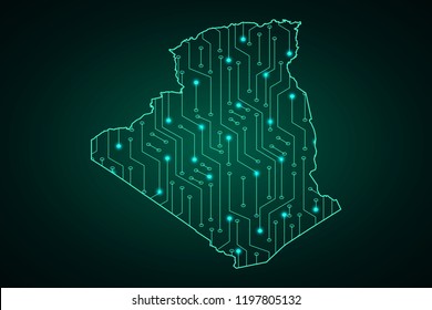 Map of Algeria, network line, design sphere, dot and structure on dark background with Map Algeria, Circuit board. Vector illustration. Eps 10