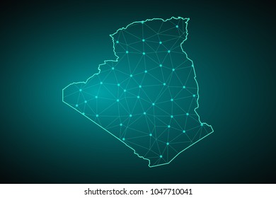 Map of Algeria from Polygonal wire frame low poly mash, contours network line, luminous space stars, design sphere, dot and structure. Vector Illustration EPS10.