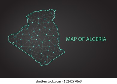 Map of Algeria from Polygonal wire frame low poly mash, contours network line, luminous space stars, design sphere, dot and structure. Vector Illustration EPS10. - Vector