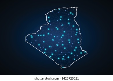 Map of Algeria from Polygonal wire frame low poly mash, contours network line, luminous space stars, design sphere, dot and structure. Vector Illustration EPS10. - Vector - Vector