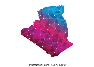 Map of Algeria from Polygonal wire frame low poly mash, contours network line, luminous space stars, design sphere, dot and structure. Vector Illustration EPS10.