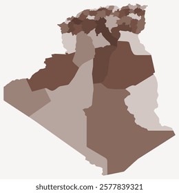 Map of Algeria with regions. Just a simple country border map with region division. Brown color palette. Plain People's Democratic Republic of Algeria shape with administrative division.