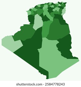 Map of Algeria with regions. Just a simple country border map with region division. Green color palette. Blank People's Democratic Republic of Algeria shape with administrative division.