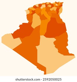 Map of Algeria with regions. Just a simple country border map with region division. Orange color palette. Plain People's Democratic Republic of Algeria shape with administrative division.