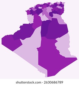Mapa da Argélia com regiões. Apenas um simples mapa de fronteira de país com divisão de região. Paleta de cores roxas. República Democrática Popular da Argélia em branco forma com divisão administrativa.
