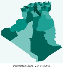 Map of Algeria with regions. Just a simple country border map with region division. Teal color palette. Blank People's Democratic Republic of Algeria shape with administrative division.