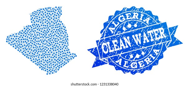 Map of Algeria vector mosaic and clean water grunge stamp. Map of Algeria formed with blue water drops. Seal with grunge rubber texture for clear drinking water.