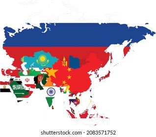 Map of all countries of Asia with national flag