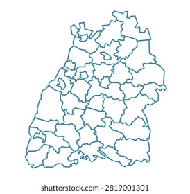Baden-Württemberg Map with All Districts Blue Line Vector Illustration of German State