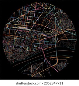 Map of Allahabad, Uttar Pradesh with all major and minor roads, railways and waterways. Colorful line art on black background.