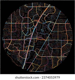 Map of Allen, Texas with all major and minor roads, railways and waterways. Colorful line art on black background.