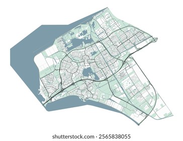 Map of Almere, Netherlands. Detailed city vector map, metropolitan area. Streetmap with roads.