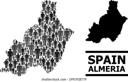Map of Almeria Province for demographics projects. Vector population collage. Collage map of Almeria Province made of man elements. Demographic concept in dark grey color tones.