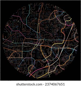 Karte von Alpharetta, Georgia mit allen wichtigen und kleineren Straßen, Eisenbahnen und Wasserstraßen. Farbige Linienkunst auf schwarzem Hintergrund.