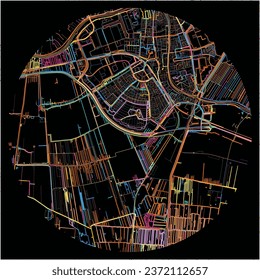 Map of AlphenaandenRijn, South Holland with all major and minor roads, railways and waterways. Colorful line art on black background.