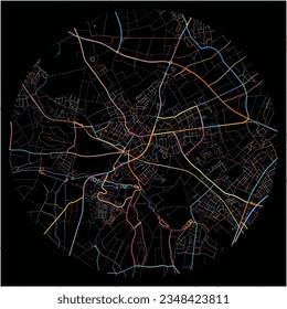 Map of Alsdorf, North Rhine-Westphalia with all major and minor roads, railways and waterways. Colorful line art on black background.