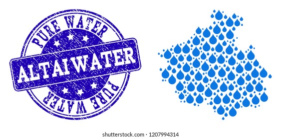 Map of Altai Republic vector mosaic and Pure Water grunge stamp. Map of Altai Republic created with blue water dews. Seal with scratched rubber texture for clear drinking water.