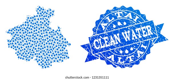 Map of Altai Republic vector mosaic and clean water grunge stamp. Map of Altai Republic composed with blue aqua tears. Seal with unclean rubber texture for clean drinking water.