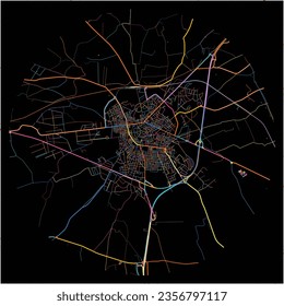 Map of Altamura, Apulia with all major and minor roads, railways and waterways. Colorful line art on black background.