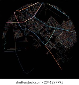 Map of AltoBarinas with all major and minor roads, railways and waterways. Colorful line art on black background.