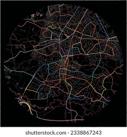 Map of Altrincham, North West England with all major and minor roads, railways and waterways. Colorful line art on black background.