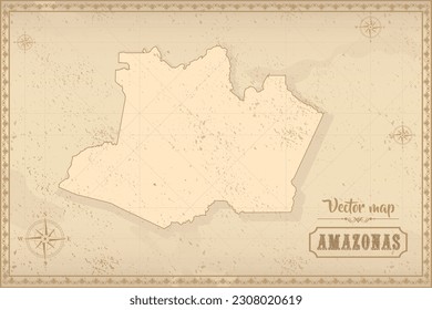 Map of Amazonas in the old style, brown graphics in retro fantasy style. Federative units of Brazil.