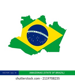 Map of Amazonas - State of Brazil With Brazil Flag Vector Illustration Design Template