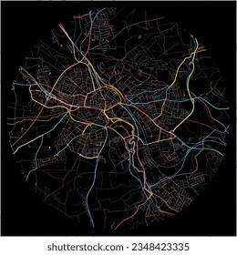 Map of Amberg, Bavaria with all major and minor roads, railways and waterways. Colorful line art on black background.