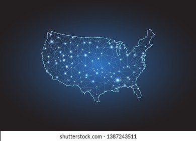 Map of America - Abstract mash line and point scales on circuit dark background. Wire frame 3D mesh polygonal network line, design sphere, dot and structure. Vector illustration eps 10.