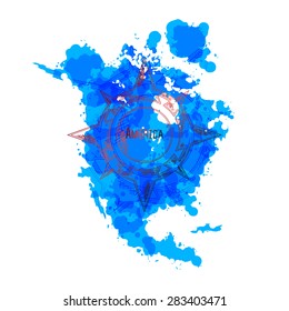map of America from the colored spots with a sign of the wind rose