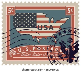 Map of America in colors of the national flag with inscription. Vector illustration of a 5-cent USA postage stamp with a rubber stamp in retro style.