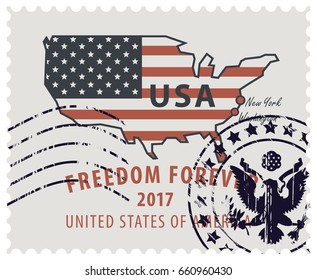 Map of America in colors of the national flag with red inscription freedom forever. Vector illustration of USA postage stamp with a rubber stamp.