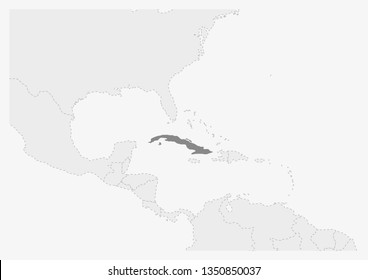 Map of America with highlighted Cuba map, gray map of Cuba with neighboring countries