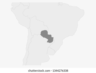 Map of America with highlighted Paraguay map, gray map of Paraguay with neighboring countries