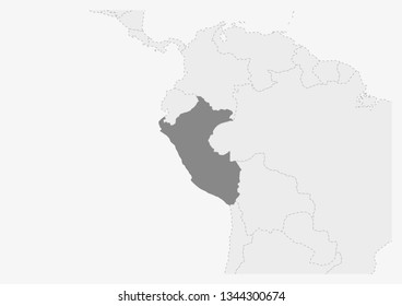 Map of America with highlighted Peru map, gray map of Peru with neighboring countries