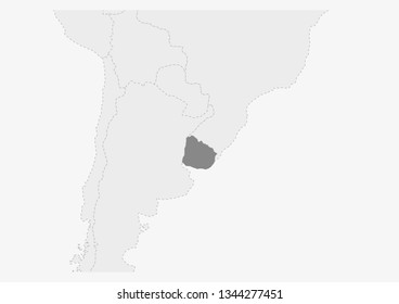 Map of America with highlighted Uruguay map, gray map of Uruguay with neighboring countries