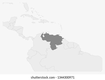 Map of America with highlighted Venezuela map, gray map of Venezuela with neighboring countries