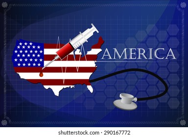 Map of America with Stethoscope and syringe.