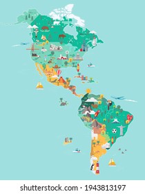 Mapa de América. Hitos turísticos y de viajes, ilustración vectorial.