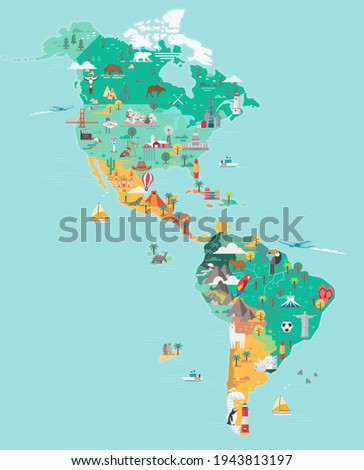 Map of America. Tourist and travel landmarks, vector illustration.