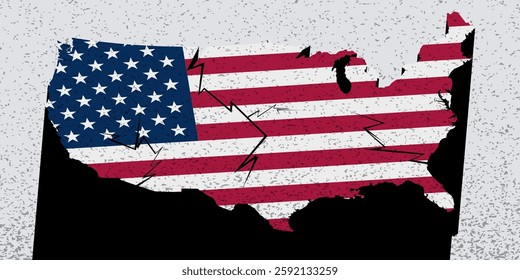 Map of America U.S. cracks, breaks symbol of division of society, civil war, crisis in the USA .Protests and the danger of dictatorship, political crisis, collapse, chaos of elections, division