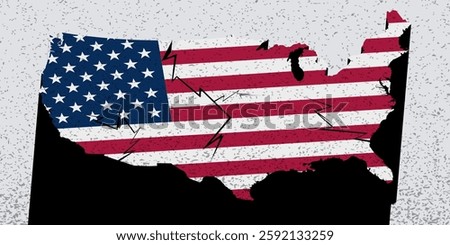 Map of America U.S. cracks, breaks symbol of division of society, civil war, crisis in the USA .Protests and the danger of dictatorship, political crisis, collapse, chaos of elections, division