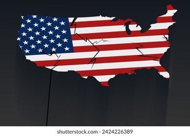 map of America USA divided into parts, destruction - as a symbol of political crisis, collapse, chaos of elections,  division in country.